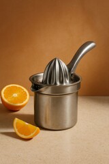 Freshly squeezed orange juice using a stainless steel citrus juicer. This image features a close-up view of an orange being juiced. The image evokes a sense of health and freshness.