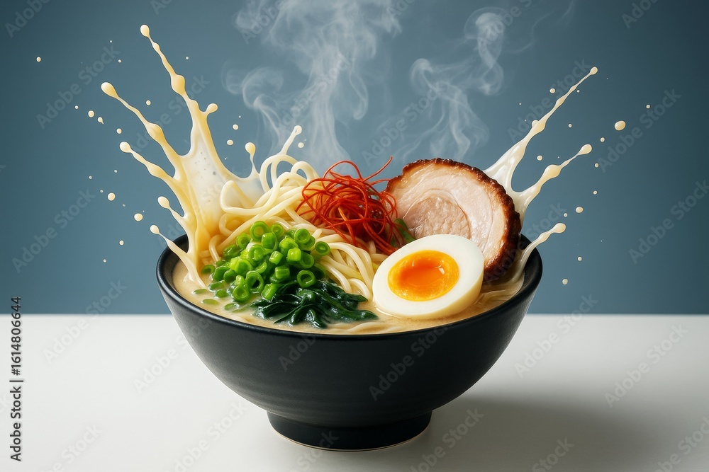 Poster creative splash of ramen noodles with toppings in black bowl on minimalist background with steam and