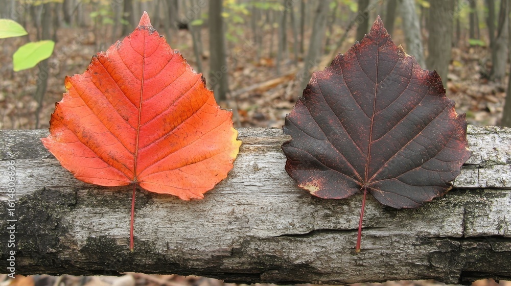 Poster vibrant autumn leaves on log in forest setting with soft focus