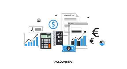 Illustration of accounting elements with calculator, graphs, money and euro symbols on white background ai generated