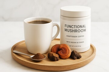 Functional mushroom coffee with Reishi and Chaga on wooden tray with cup, powder, and mushrooms on light background. Ai generative. Ai generative