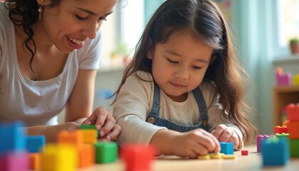 Young Hispanic girl, teacher collaborate building with colorful blocks in bright kindergarten classroom. Focused attention, collaborative spirit, playful learning environment encourages development,