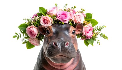 Close-up of a hippopotamus wearing a floral crown of pink roses and greenery against a white background