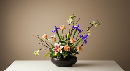 Fototapeta premium Elegant Floral Arrangement in Black Vase with Pink Lilies Peach Roses and Purple Irises on White Surface