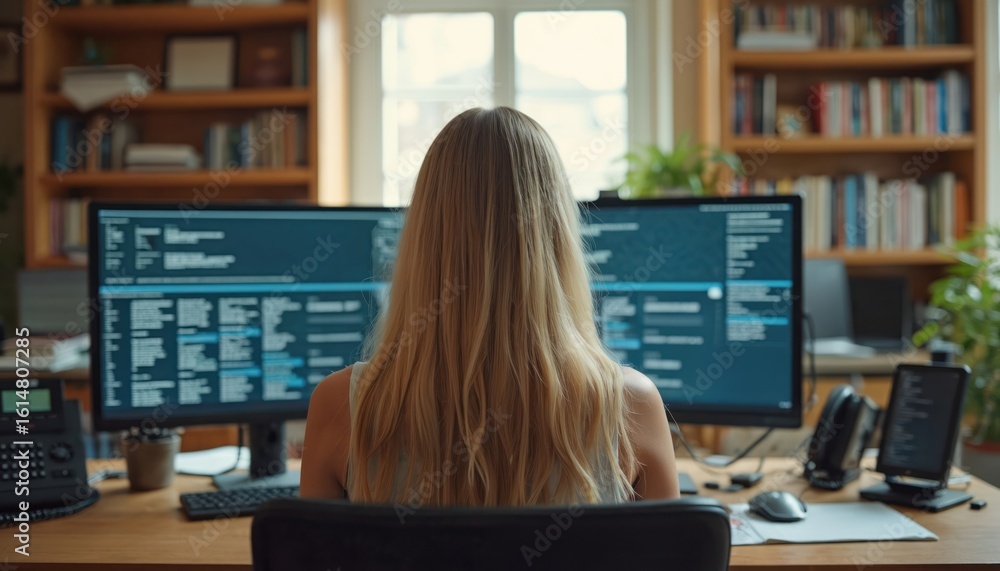 Poster woman works at home office, coding on dual monitors with lines of code displayed. she is focused on 