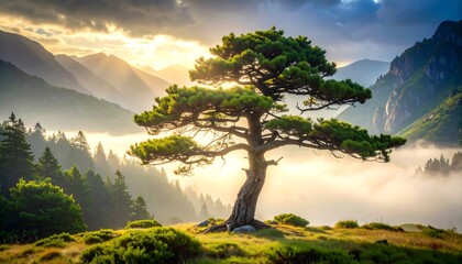 Majestic pine tree at sunrise in a mountainous valley