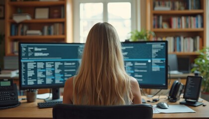 Woman works at home office, coding on dual monitors with lines of code displayed. She is focused on her computer screen, surrounded by bookshelves and plants. Desk setup includes telephone and tablet.