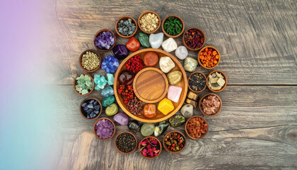 Colorful bowl of chakra healing crystals with various chakra stones on display and copy space for text included