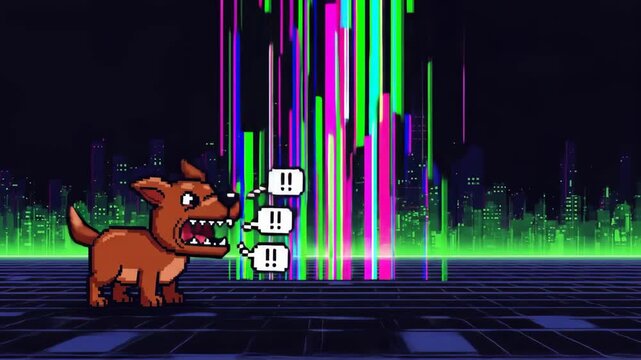 Pixelated angry dog in a retro futuristic neon cityscape retro futuristic mashup animation