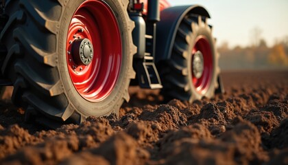 Powerful red tractor works on brown earth field. Autumn tillage season shows deep ripping cultivation. Heavy machinery prepares arable land for sowing. Agricultural agribusiness industry.
