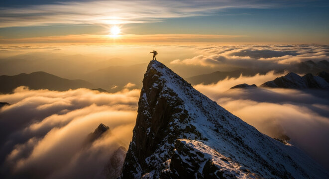 A mountaineer celebrates success on a dramatic mountain peak, standing above the clouds at sunrise.