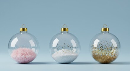 Three clear glass Christmas ornaments with snow and glitter.

