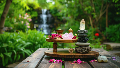 A rustic wooden table displaying a bowl of metaphysical stones and a candle with copy space for text