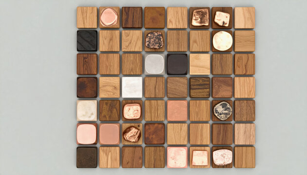 Intricately crafted wooden mosaic featuring a variety of shapes and textures with space for textual content