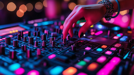Close-up of a hand adjusting colorful controls on a DJ mixer, surrounded by vibrant lights, creating an energetic atmosphere in a lively music event