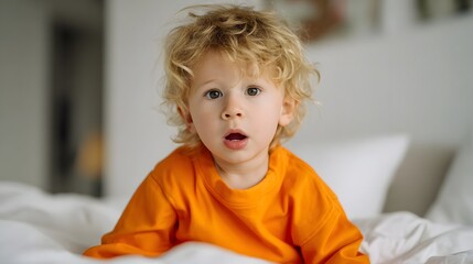 A young blonde haired toddler boy in a cozy orange sweater looks surprised while sitting on a white bed in a modern inviting bedroom setting