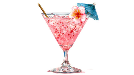 "Elegant V-Shaped Cocktail Glass with Fancy Straw Decoration – Watercolor Style"