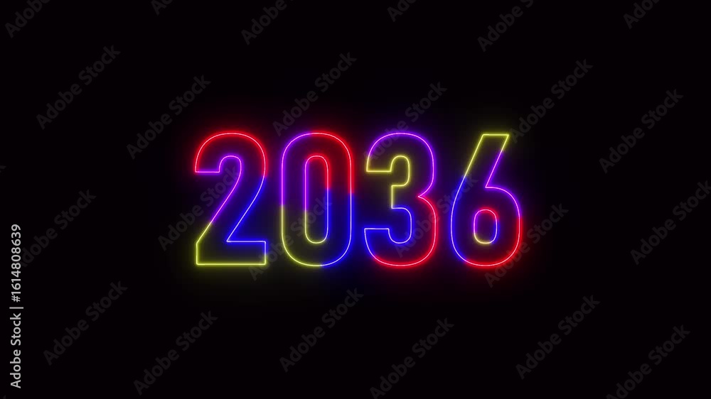 Poster 2036 neon line text. abstract 2036 neon text animation ,for neon color glowing neon number text back