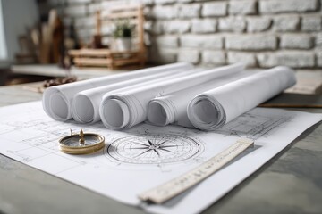 Compass & blueprints on a table, illuminated by light, with rolled-up designs behind