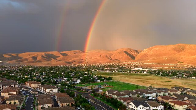 Reno Nevada - Bright Double Rainbow over Damonte Ranch Park in South Reno at Sunset