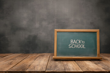 "Back to School Concept with Green Chalkboard and Wooden Table"