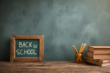 "Back to School Concept with Green Chalkboard and Wooden Table"