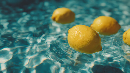 "High-Realistic Macro of Bright Yellow Lemons Floating in Turquoise Pool"