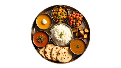 Authentic Indian Vegetarian Thali with Rice, Roti, and Assorted Curries.
