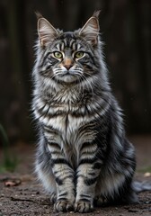 Majestic Tabby Cat Sitting Outdoors in Natural Light with Focused Expression
