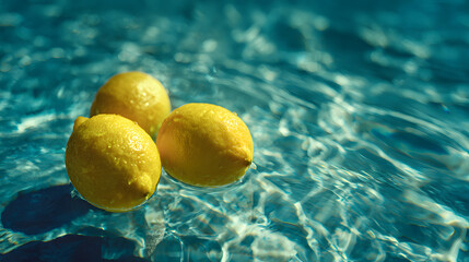 "High-Realistic Macro of Bright Yellow Lemons Floating in Turquoise Pool"
