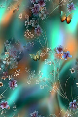  "Delicate Light Blue and White Watercolor Pattern with Purple Flowers and Butterflies"