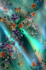  "Delicate Light Blue and White Watercolor Pattern with Purple Flowers and Butterflies"