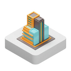 A futuristic architectural design showcases a modern city block featuring colorful geometric shapes and a minimalist aesthetic.