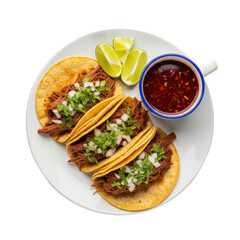 Three golden-brown Tacos de Birria with shredded beef, cilantro, onion, lime, and consommé on a transparent background, bright even studio light, high-angle. Commercial food photography concept