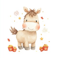 Adorable Watercolor Pony Clipart Festive Celebration Joyful New Year Cheerful Illustration