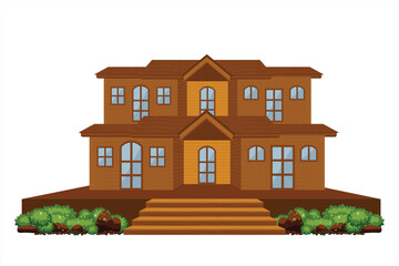 Wooden house with front garden and stairs, cozy rustic cabin surrounded by green bushes, traditional countryside wooden home isolated on white background.