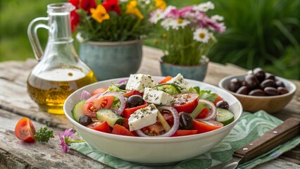 Vibrant Greek salad with ripe tomatoes and cucumber served outdoors on a rustic table