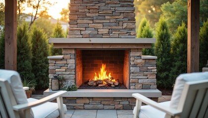 Cozy outdoor fireplace with modern stone surround and rustic wood accents. Inviting flames in hearth create warm ambience for relaxation and gatherings. Comfortable seating chairs in backyard setting.