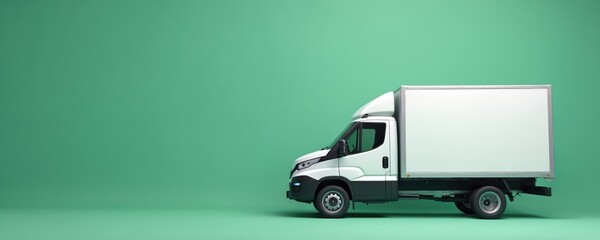 White delivery truck stands on green background, offering ample copy space for online shopping food delivery service banners. Modern vehicle signifies fast, efficient urban logistics, convenient