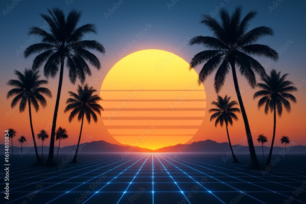 Poster retro futuristic sunset with palm trees and glowing grid lines in vibrant neon colors on a surreal t