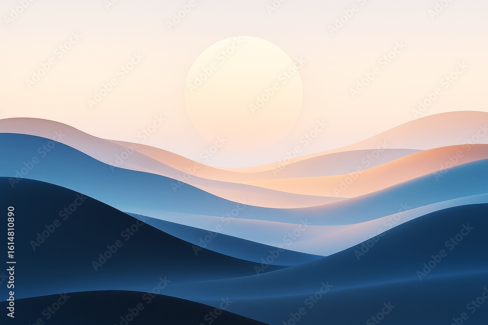 Aufkleber abstract soft pastel hills and glowing sun in minimal dreamy landscape with smooth gradient light an
