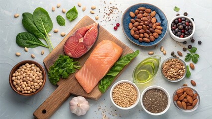 Healthy balanced diet featuring organic foods with fresh vegetables, lean proteins, and nutritious whole grains