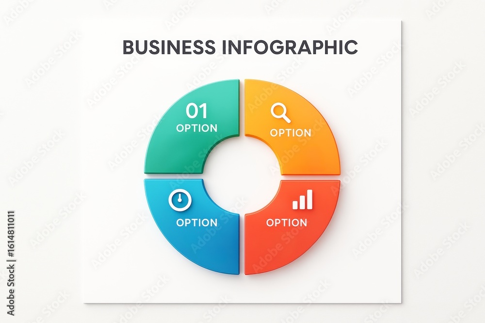 Poster colorful circular business infographic with four segmented options and icons on white background, mo