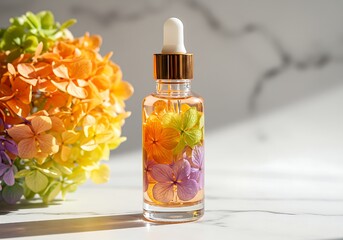Luxurious Glass Dropper Bottle with Vibrant Preserved Hydrangea Petals on White Marble Background