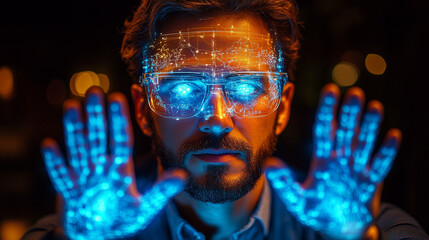 Man wearing augmented reality glasses interacts with holographic interface, showcasing digital data visualization and futuristic technology in a modern environment with glowing elements