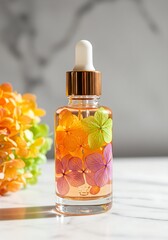 Luxurious Glass Dropper Bottle with Vibrant Preserved Hydrangea Petals on White Marble Background