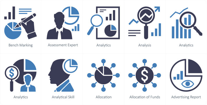 A set of 10 mix icons as bench marking, assessment expert, analytics