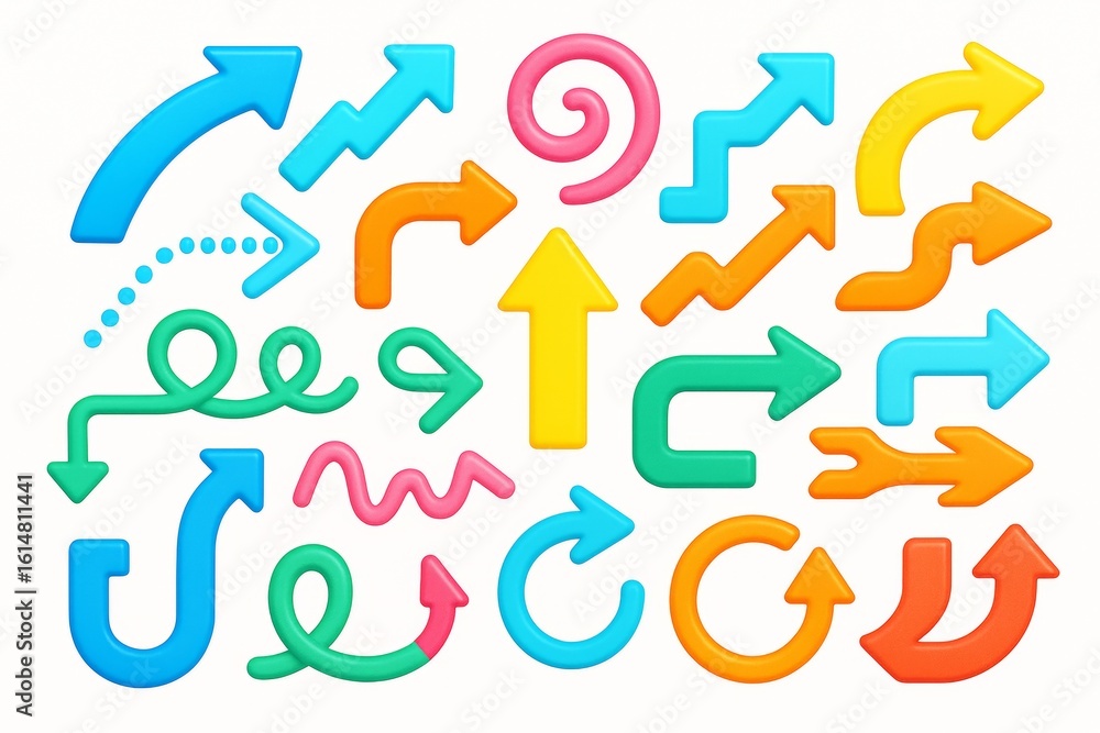 Poster colorful 3d-style arrows in various shapes and directions on white background representing movement,