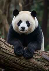 Obraz premium Young Panda Bear Sitting on Tree Branch in Forest Environment