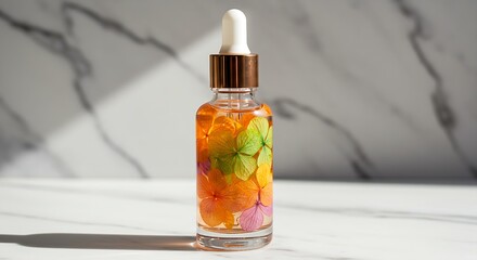 Luxurious Glass Dropper Bottle with Vibrant Preserved Hydrangea Petals on White Marble Background